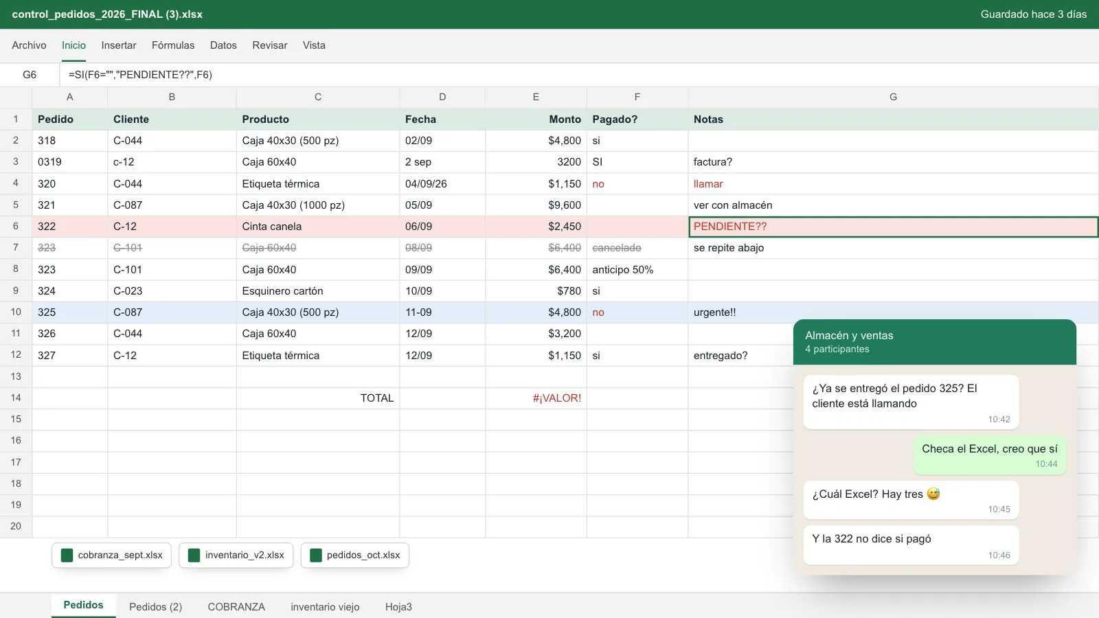 Antes: los pedidos del mes regados en un Excel con errores, otros tres archivos y un grupo de WhatsApp preguntando si ya se entregó y si ya pagaron