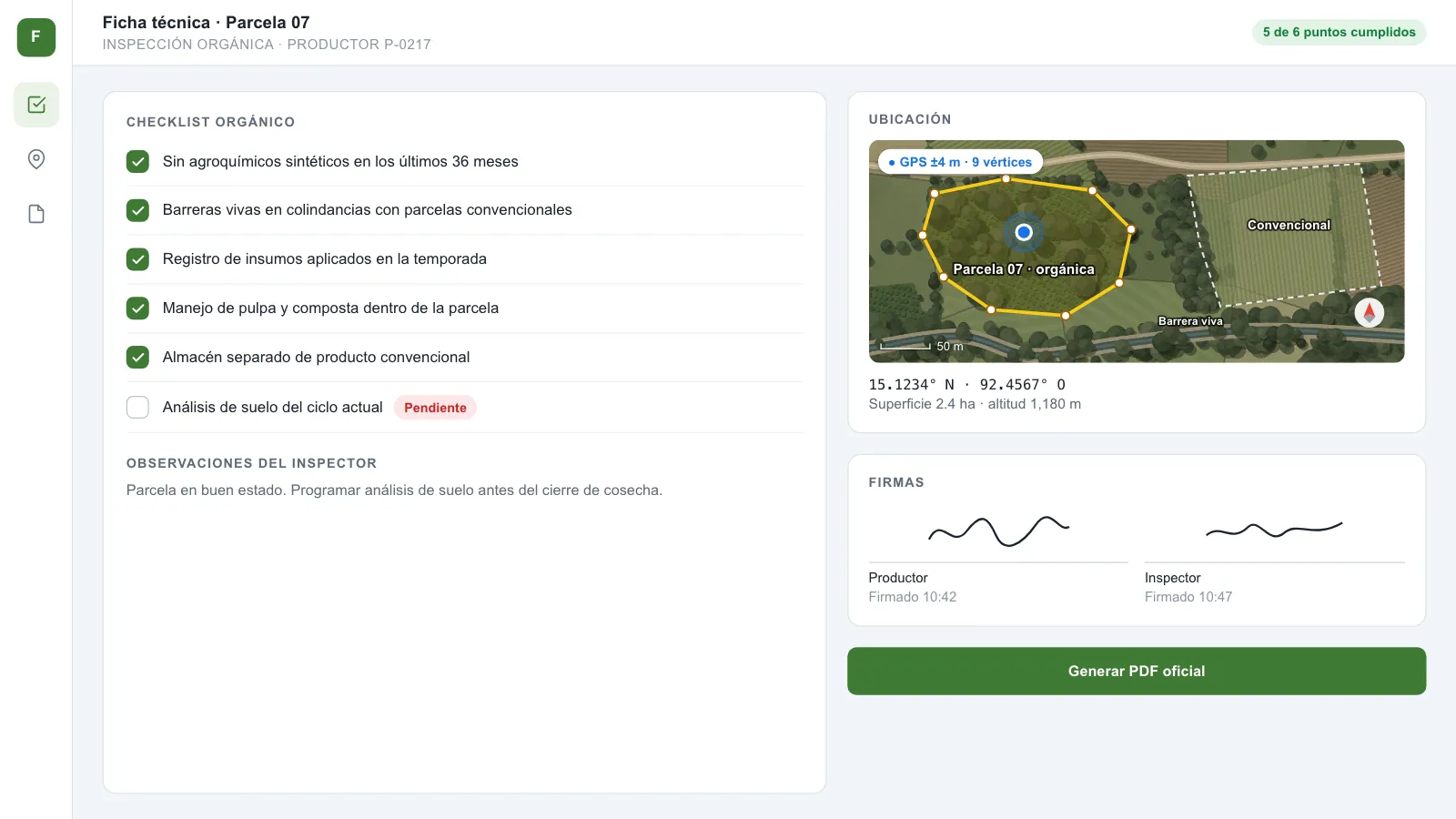 Ficha técnica de certificación orgánica con checklist y firmas