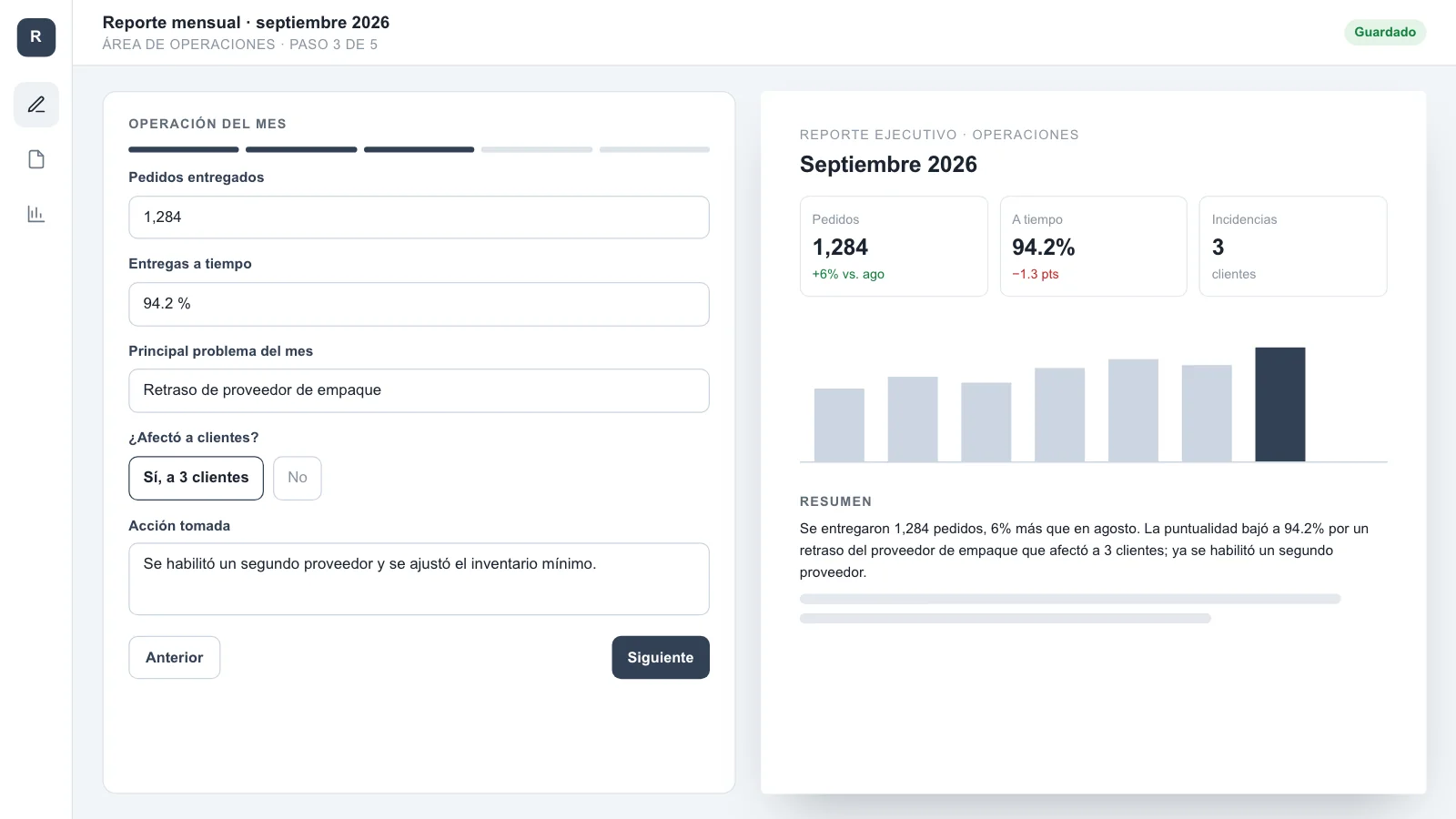 Formulario guiado del reporte mensual y vista previa del reporte ejecutivo generado